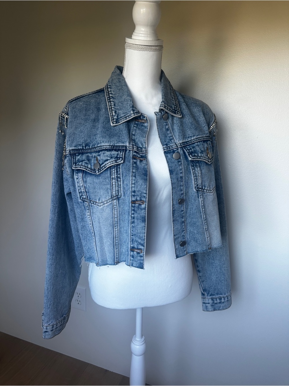 Savanna Jane Light Blue Cropped Denim Jacket with Stud Detail